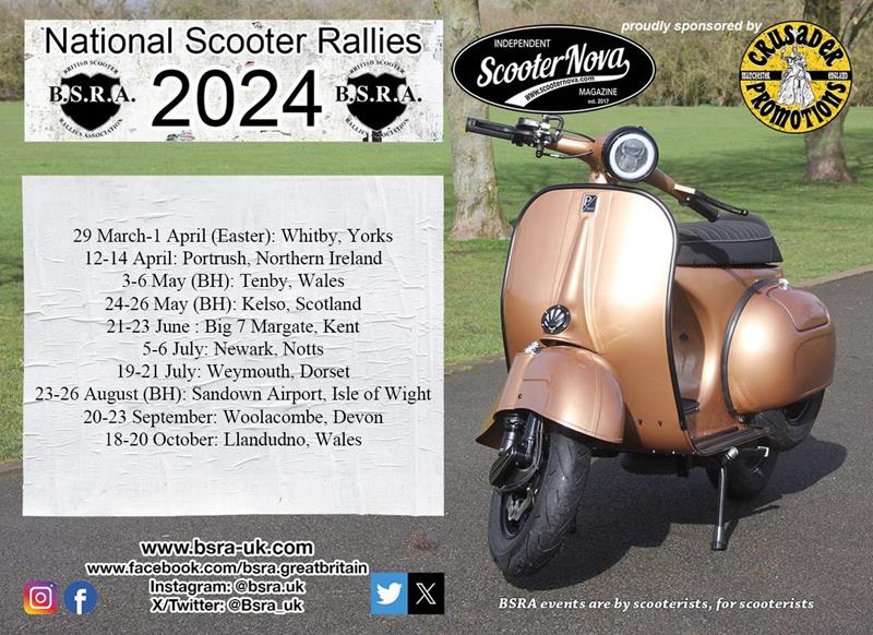 Flyer for the 2024 BSRA national scooter rallies with all the dates and venues against a background of a copper coloured Vespa scooter